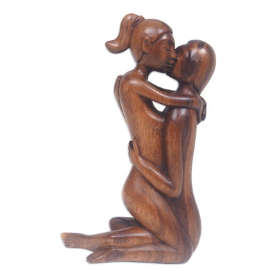 Wood sculpture, 'I Miss You' - Polished Hand-Carved Suar Wood Sculpture of a Couple