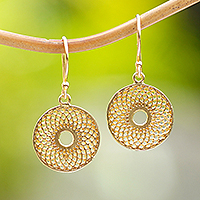 Gold-plated dangle earrings, 'Golden Mirage' - 18k Gold-Plated Floral Geometric Round Dangle Earrings