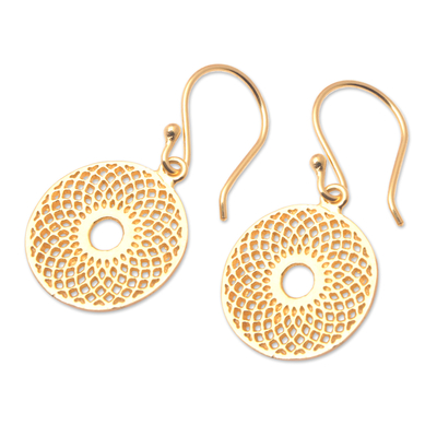 Gold-plated dangle earrings, 'Golden Mirage' - 18k Gold-Plated Floral Geometric Round Dangle Earrings