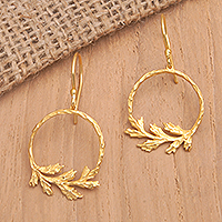 Gold-plated dangle earrings, 'Maiden Crown' - Hammered 18k Gold-Plated Leafy Dangle Earrings from Bali