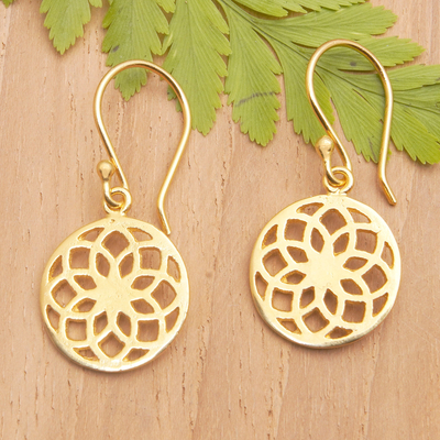 Gold-plated dangle earrings, 'Divine Energies' - Polished 18k Gold-Plated Round Lotus Dangle Earrings