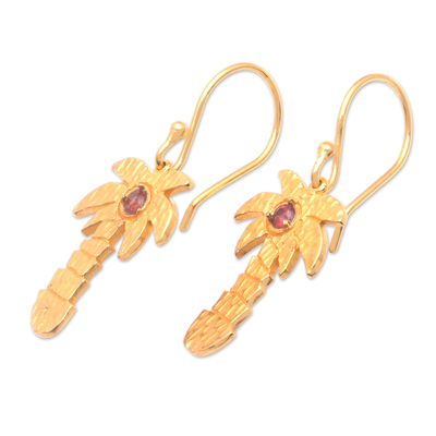 Gold-plated garnet dangle earrings, 'Tropical Crimson' - 18k Gold-Plated Tropical Dangle Earrings with Garnet Stones