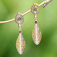 Gold-plated garnet dangle earrings, 'Evergreen Perseverance' - 18k Gold-Plated Leafy Dangle Earrings with Garnet Jewels