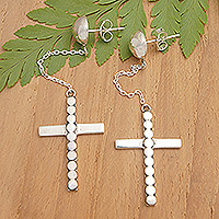 Sterling silver dangle earrings, 'Faith Spheres' - Sterling Silver Cross Dangle Earrings in a Polished Finish