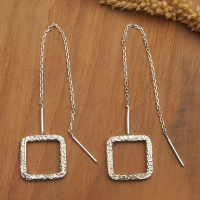 Sterling silver threader earrings, 'Square Memories' - Sterling Silver Threader Earrings with Square Pendants