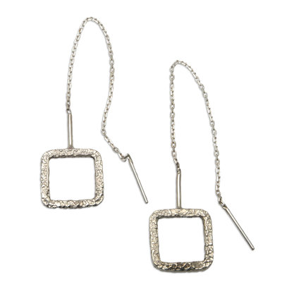 Sterling silver threader earrings, 'Square Memories' - Sterling Silver Threader Earrings with Square Pendants
