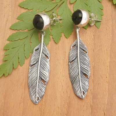 Onyx dangle earrings, 'Blessed Feathers' - Feather-Themed Dangle Earrings with Onyx Cabochons