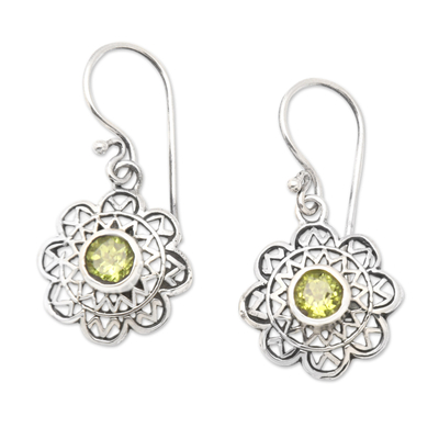 Peridot dangle earrings, 'Spring's Fortune' - Floral Sterling Silver Dangle Earrings with 1-Carat Peridot