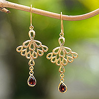 Gold-plated garnet dangle earrings, 'Perseverance Feathers' - Peacock-Themed Gold-Plated Dangle Earrings with Garnet Gems