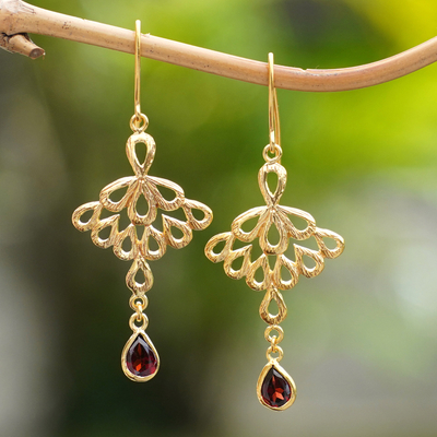 Gold-plated garnet dangle earrings, Perseverance Feathers