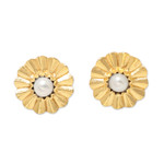 Gold-plated cultured pearl button earrings, 'Origami Bloom' - 22k Gold-Plated Floral Button Earrings with Grey Pearls
