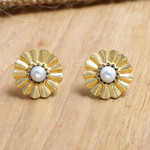 Gold-plated cultured pearl button earrings, 'Origami Bloom' - 22k Gold-Plated Floral Button Earrings with Grey Pearls