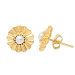 Gold-plated cultured pearl button earrings, 'Origami Bloom' - 22k Gold-Plated Floral Button Earrings with Grey Pearls
