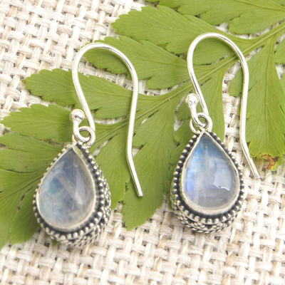Rainbow moonstone dangle earrings, 'Harmonious Dew' - Rainbow Moonstone and Sterling Silver Dangle Earrings