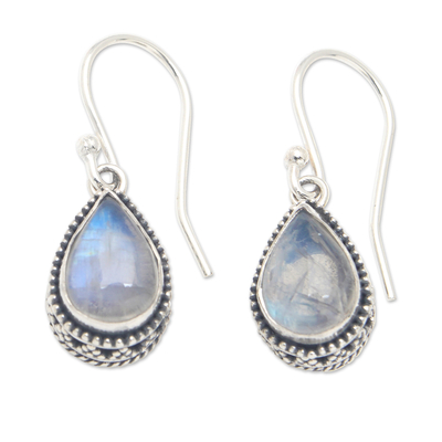 Rainbow moonstone dangle earrings, 'Harmonious Dew' - Rainbow Moonstone and Sterling Silver Dangle Earrings