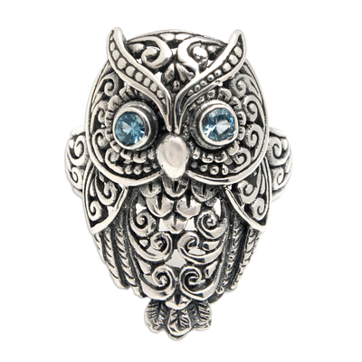 Blue topaz cocktail ring, 'Loyalty Feathers' - Owl-Themed Cocktail Ring with Faceted Blue Topaz Jewels