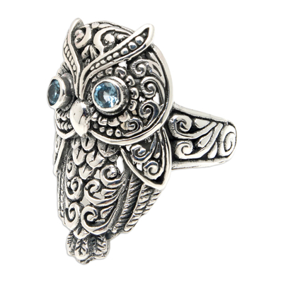 Blue topaz cocktail ring, 'Loyalty Feathers' - Owl-Themed Cocktail Ring with Faceted Blue Topaz Jewels