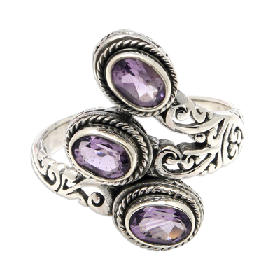 Amethyst cocktail ring, 'Wise Roots' - Polished Cocktail Ring with Three Faceted Amethyst Gems