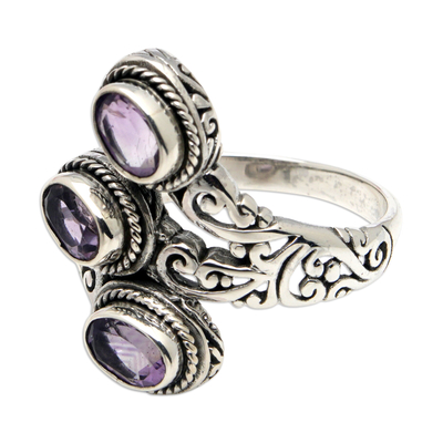 Amethyst cocktail ring, 'Wise Roots' - Polished Cocktail Ring with Three Faceted Amethyst Gems