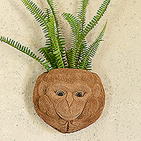 Coconut shell wall planter, 'Monkey Nature' - Hand-Carved Monkey-Themed Coconut Shell Wall Planter