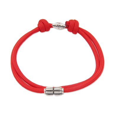Sterling silver pendant cord bracelet, 'Vibrant Minimalism' - Red Nylon Cord Bracelet with Sterling Silver Accent