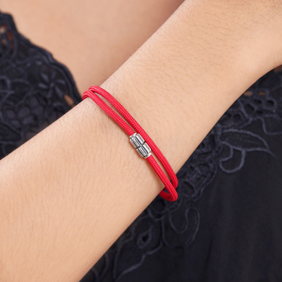 Sterling silver pendant cord bracelet, 'Vibrant Minimalism' - Red Nylon Cord Bracelet with Sterling Silver Accent