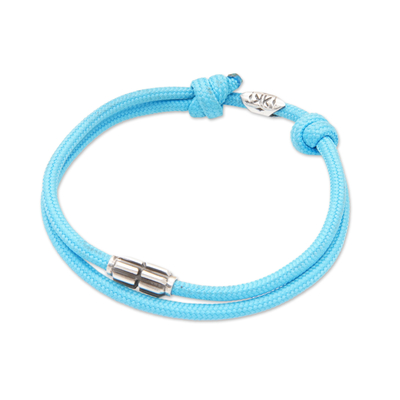 Sterling silver pendant cord bracelet, 'Heaven Minimalism' - Sky Blue Nylon Cord Bracelet with Sterling Silver Accent