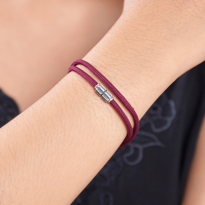 Sterling silver pendant cord bracelet, 'Wine Minimalism' - Burgundy Nylon Cord Bracelet with Sterling Silver Accent
