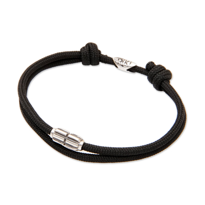 Sterling silver pendant cord bracelet, 'Dark Minimalism' - Black Nylon Cord Bracelet with Sterling Silver Accent