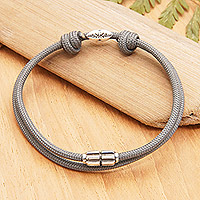 Sterling silver pendant cord bracelet, 'Mist Minimalism' - Grey Nylon Cord Bracelet with Sterling Silver Accent