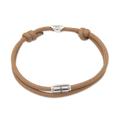 Sterling silver pendant cord bracelet, 'Coffee Minimalism' - Dark Brown Nylon Cord Bracelet with Sterling Silver Accent