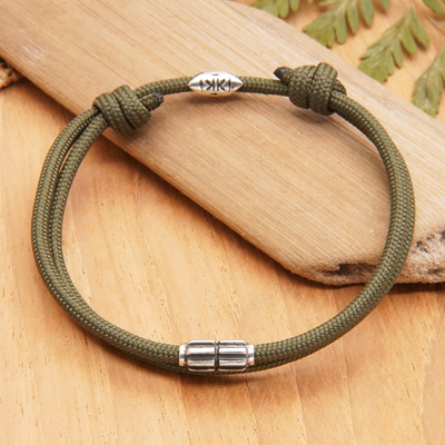 Dark Green Nylon Cord Bracelet with Sterling Silver Accent - Nature  Minimalism