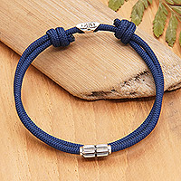 Sterling silver pendant cord bracelet, 'Navy Minimalism' - Navy Nylon Cord Bracelet with Sterling Silver Accent