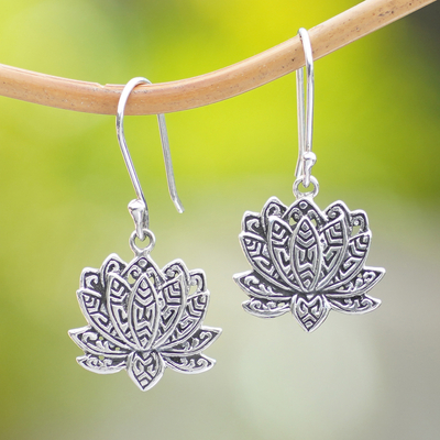 Sterling silver dangle earrings, 'Enchanting Lotus' - Lotus-Shaped Sterling Silver Dangle Earrings from Bali