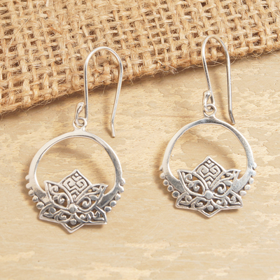 Sterling silver dangle earrings, 'Lotus Pond' - Lotus-Themed Sterling Silver Dangle Earrings Made in Bali