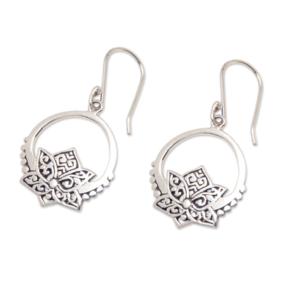 Sterling silver dangle earrings, 'Lotus Pond' - Lotus-Themed Sterling Silver Dangle Earrings Made in Bali