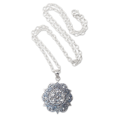 Sterling silver pendant necklace, 'Saraswati Lotus' - Lotus-Themed Sterling Silver Pendant Necklace from Bali