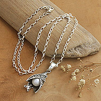 Cultured pearl pendant necklace, 'King of Bats' - Bat-Themed Sterling Silver & Cultured Pearl Pendant Necklace