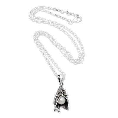 Cultured pearl pendant necklace, 'King of Bats' - Bat-Themed Sterling Silver & Cultured Pearl Pendant Necklace