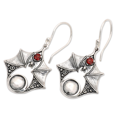 Garnet dangle earrings, 'Peaceful Bat' - Sterling Silver Bat Dangle Earrings with Garnet Stones