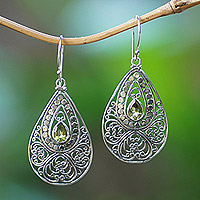 Peridot filigree dangle earrings, 'Mixed Fortune' - Sterling Silver Dangle Earrings with Natural Peridot Stones