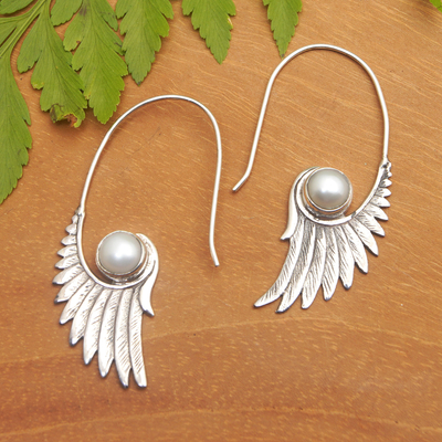 Cultured Mabe pearl drop earrings, 'Angelic Soul' - Cultured Mabe Pearl and Silver Drop Earrings with Wing Motif