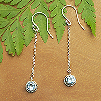Blue topaz dangle earrings, 'Loyal Girl' - Sterling Silver Dangle Earrings with Round Blue Topaz Gems