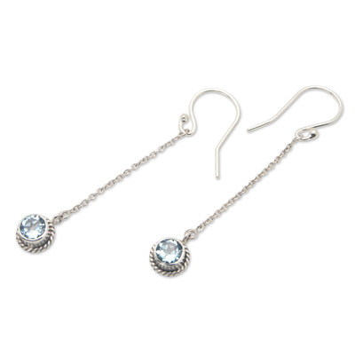 Blue topaz dangle earrings, 'Loyal Girl' - Sterling Silver Dangle Earrings with Round Blue Topaz Gems