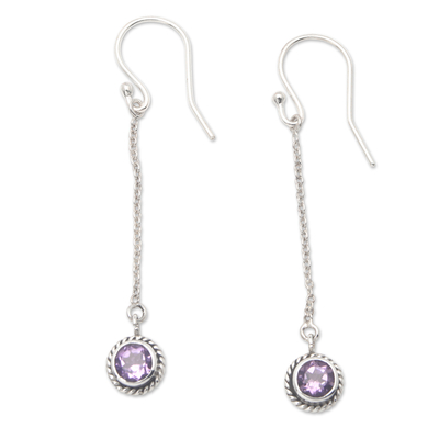 Amethyst dangle earrings, 'Wise Girl' - Sterling Silver Dangle Earrings with Round Amethyst Jewels