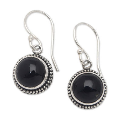 Onyx dangle earrings, 'Guardian Gaze' - Dangle Earrings with Onyx Cabochons and Braided Motifs
