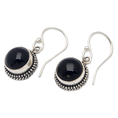 Onyx dangle earrings, 'Guardian Gaze' - Dangle Earrings with Onyx Cabochons and Braided Motifs