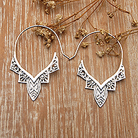 Sterling silver half-hoop earrings, 'Palatial Lotus' - Geometric Lotus-Themed Sterling Silver Half-Hoop Earrings