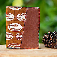 Batik cotton and faux leather card wallet, 'Redwood Jungle' - Handmade Redwood Faux Leather Card Wallet with Batik Motifs