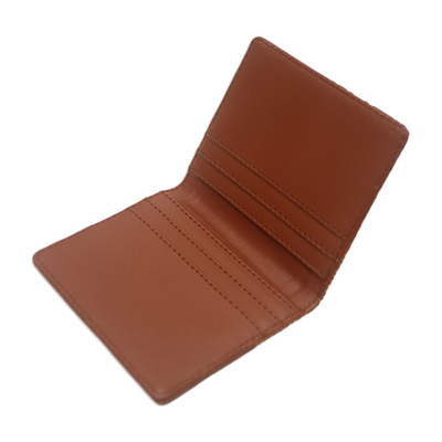 Batik cotton and faux leather card wallet, 'Redwood Jungle' - Handmade Redwood Faux Leather Card Wallet with Batik Motifs